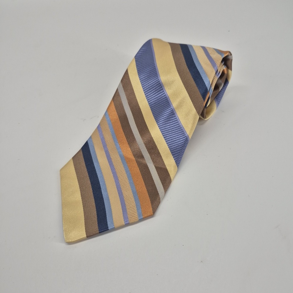 Ike Behar Silk Necktie Diagonal Striped Gold Brown Blue